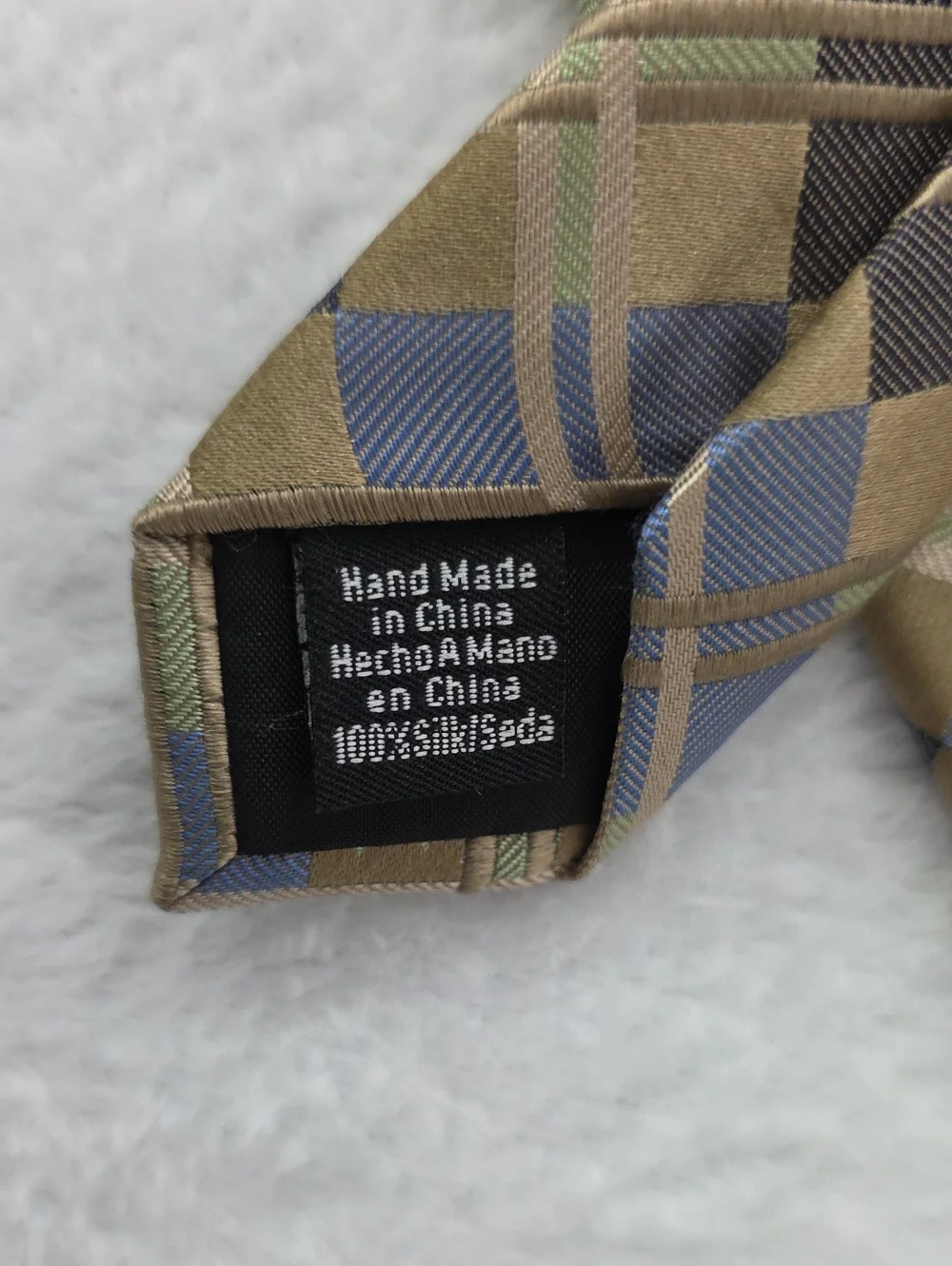 Van Heusen Silk Tie Tan Blue Windowpane Check Pattern